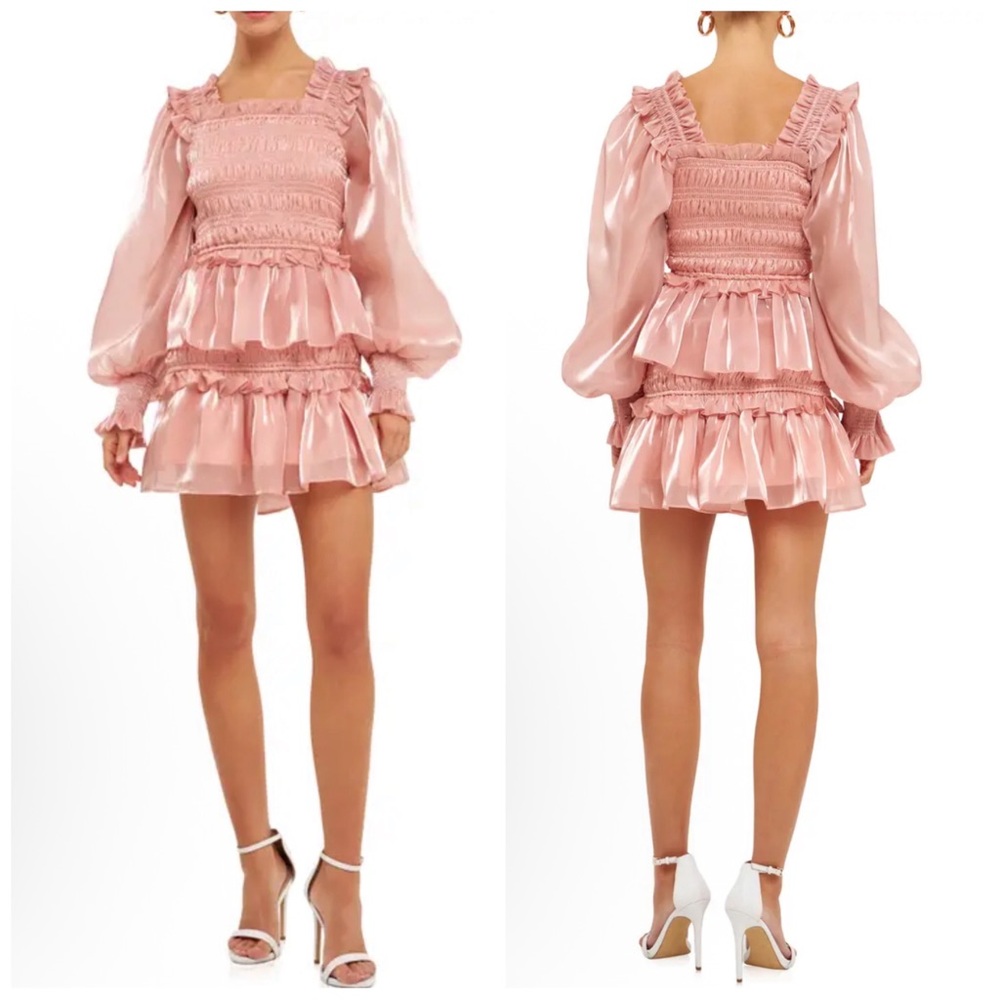 ENDLESS ROSE Women’s Size S Pink Metallic Sheen Long Sleeve Ruffle Mini Dress